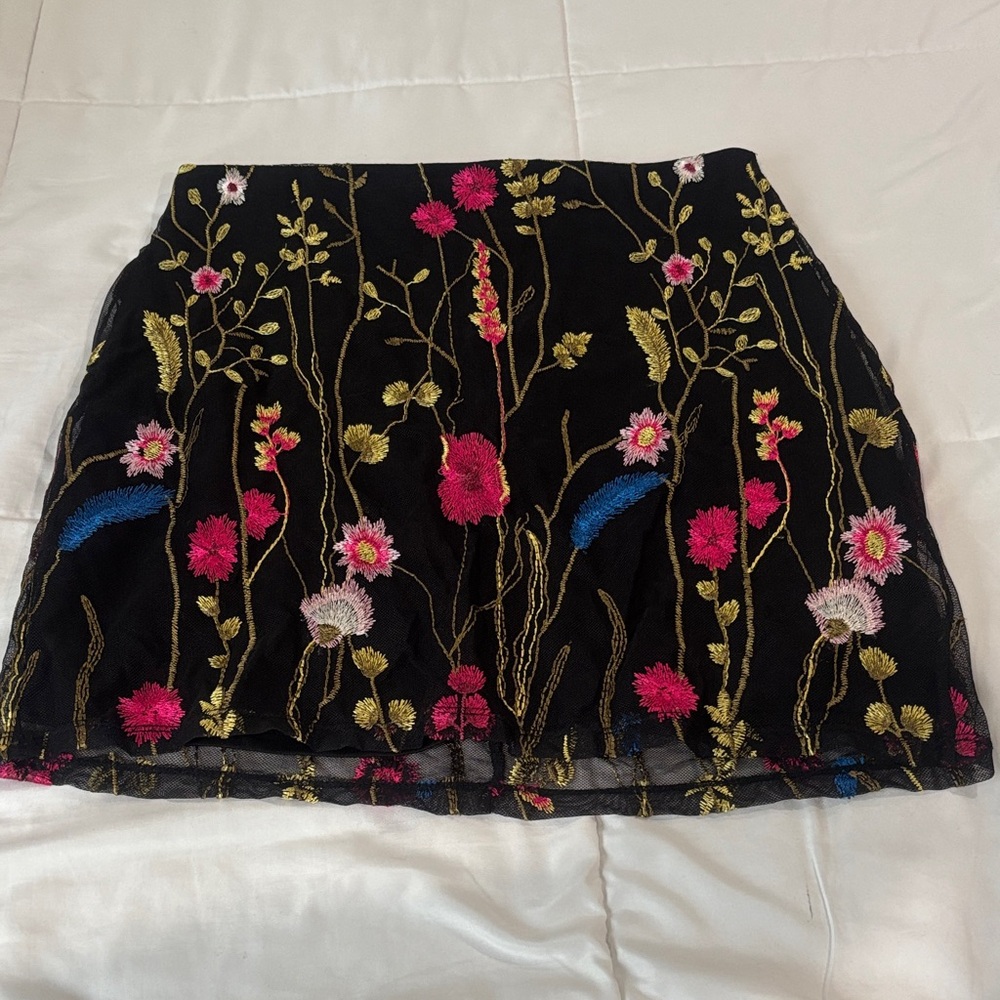 Hot Gal Black Mini Skirt with Pink, Blue & Gold Floral Embroidery